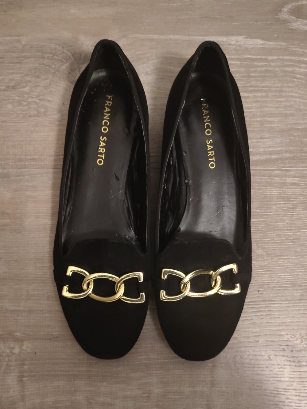 Franco Sarto Black Leather Flats with Gold Chain Accent
